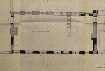 <p>Restauratieplan uit 1973 van de verdieping van Papenstraat 11-13 (archief HCO). </p>
